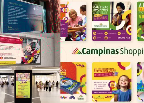 Materiais gráficos do Campinas Shopping voltados ao público infantil e familiar
