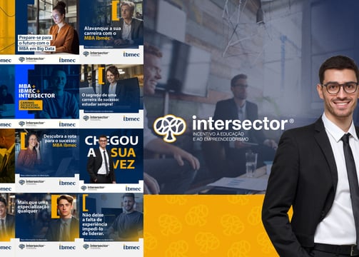 Montagem de campanhas da Intersector com destaque para educação e empreendedorismo