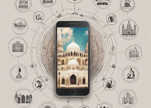 A hand holding a smartphone displaying various images related to religion. The images include crosses, candles, a person meditating, and architectural structures. The background is blurred with bright yellow lights.