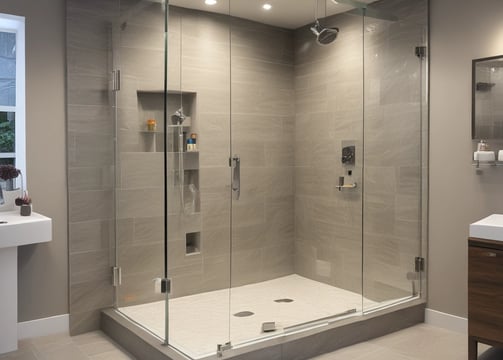 A small bathroom featuring a bathtub with modern fixtures and a frosted window. Above the toilet, a wooden cabinet with open shelves displays items like toilet paper rolls and personal care products. The walls and floor have a clean and tidy appearance, contributing to a minimalist aesthetic.