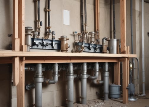 A close-up view of plumbing components including a shut-off valve with a metallic handle labeled 'OFF' on a pipe, adjacent to a blue-handled plastic valve.