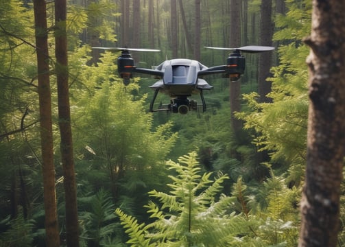 A drone with multiple rotors is flying against a bright white background. The structure of the drone is visible, showing intricate machinery and a mounted camera. Sunlight reflects off its metal parts, creating a lens flare effect.