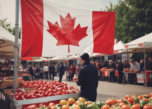 A market stall displays various packaged goods, including jars and bags filled with different products. Two women interact at the stall, with one appearing to make a purchase. Behind the stall, there is a variety of produce and people wearing casual clothing. The setting is outdoors with trees and plants in the background, providing a lush, green environment.