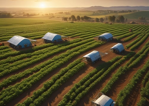 A farming landscape featuring a large plastic-covered structure with a network of metal arches, possibly greenhouses, in the background. A fenced off area includes a piled dirt embankment and a yellow storage container. A pump system is attached, with pipes extending across the scene. Sandbags and black plastic sheeting are used for reinforcement and covering.