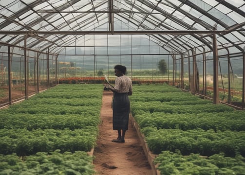 A lush agricultural field with rows of crops growing in the soil. Green plants are arranged in neat lines, surrounded by a backdrop of dense forest and rolling hills under a partly cloudy sky. The image conveys a sense of peace and natural abundance.