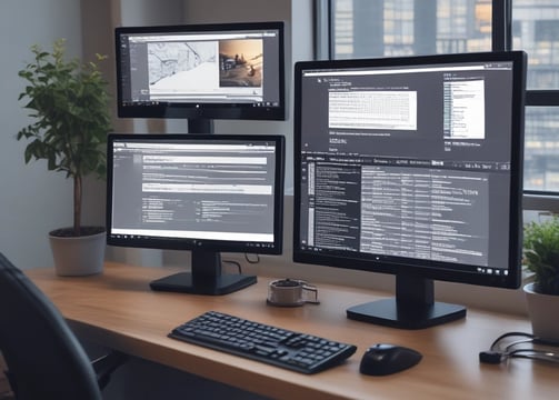 A desk with multiple monitors on it showing custom application code and a website