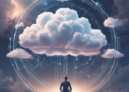 A hand holding a thermal scanner is pointed towards a rack of computer servers. The servers are illuminated with blue LED lights, giving a technological and futuristic feel.