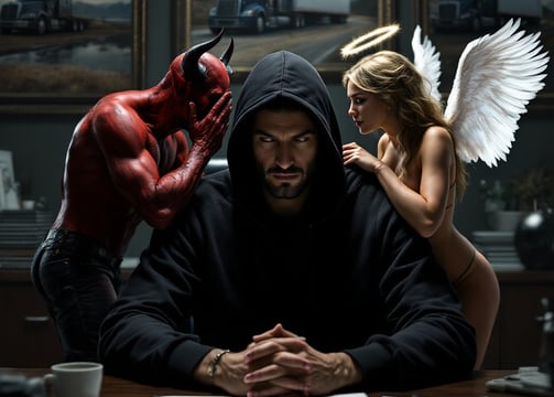 Image is a man choosing, 'Good' or 'Bad'.