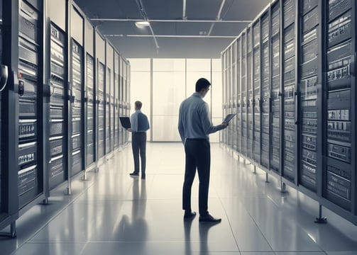 Two medical professionals are performing surgery in an operating room. They are dressed in blue surgical gowns, masks, and hairnets. Surgical instruments and equipment are placed on a table nearby, and the scene is illuminated by focused lighting.