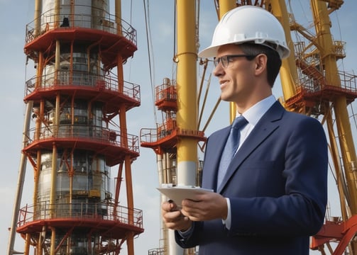 A man in a suit and tie is posing next to a large industrial turbine or engine component. The setting appears professional and technical, with a focus on machinery.
