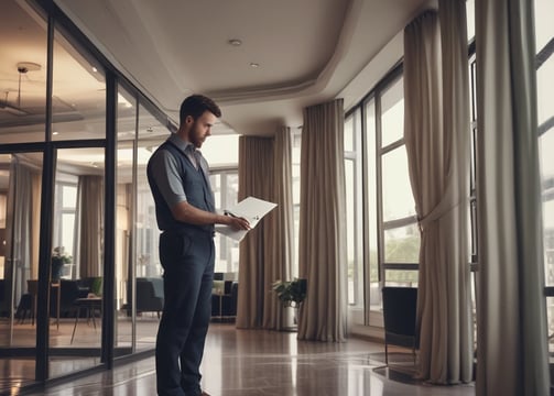 A person with a cap is reaching towards a door or window frame, possibly cleaning or inspecting it. The setting appears to be indoors but with a clear view of an outside scene featuring greenery and a brick wall.