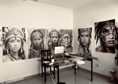 Visão geral do estúdio de Amanda, cercado por vibrantes obras de arte.