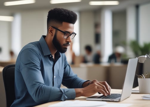 A person is working on a laptop at a wooden table. Next to them is a stack of books relating to business and success, with titles visible such as 'The Warren Buffett Way' and 'The Deals That Made The World'. The setting appears to be professional, possibly an office or study.