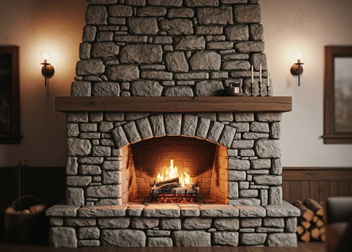 stone masonry installed on fireplace hearth