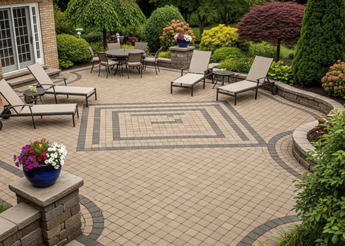 a block patio with chairs and a table