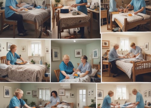 A healthcare professional is assisting a patient in a clinical setting. The patient is sitting on a chair, holding a cup near her mouth. The healthcare worker is wearing gloves and a protective gown, attending to the patient with what appears to be a medical procedure or care routine.