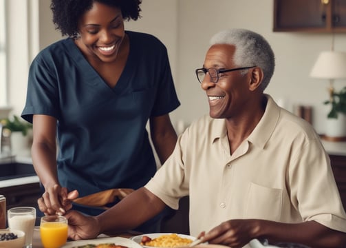An elderly woman with a joyful expression receives a plate of food from a younger woman who is smiling warmly. They are indoors, surrounded by patterned curtains, a sofa with colorful cushions, and a water dispenser in the background.