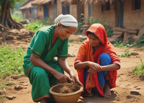 A person wearing a wide-brimmed hat and sunglasses is kneeling on a farm field, planting seedlings. They are dressed in work attire, including boots and overalls. The field has rows of small plants with holes prepared for planting, and the sky is partly cloudy.