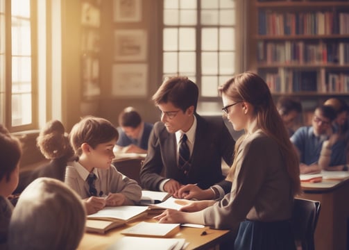 A group of children sitting at wooden desks in a classroom environment. They are focused on writing with pens, and wearing green uniforms. The room appears well-lit with natural light coming through a window.