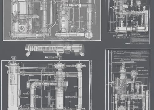 A complex network of industrial equipment featuring shiny metal pipes and machinery, including motors and valves. The setup appears to be part of a processing or manufacturing plant, highlighting various components and instrumentation involved in industrial operations.