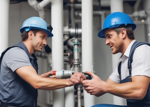 A large industrial cylindrical machine wrapped in a turquoise covering is positioned in a spacious factory setting with high ceilings and overhead beams. The machinery has visible gears and is mounted on a sturdy base. Nearby on the floor, there is a blue motor and various pieces of metal equipment scattered around. The industrial environment is well-lit, with natural light coming from the windows above.