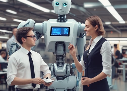 Four small, white robot figures are sitting in a row, each with a laptop in front of them. They have round bodies and blue accents, with 'AI' displayed on their chests. The background is minimal and light gray, emphasizing the robots and their computers.