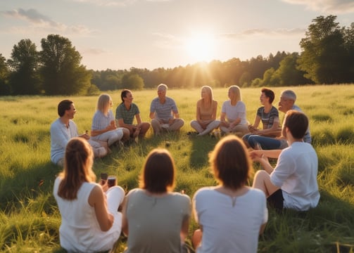 A group of people sitting in circle on a meadow