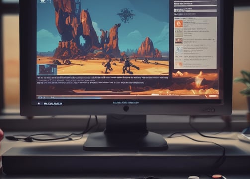 A dark room with a laptop displaying code on the screen. In the foreground, there is a can of energy drink and a game controller, all illuminated by the red glow of the laptop's keyboard.