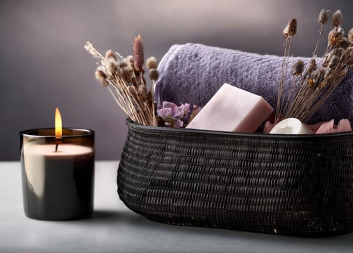 a basket weave basket with a candle and soap