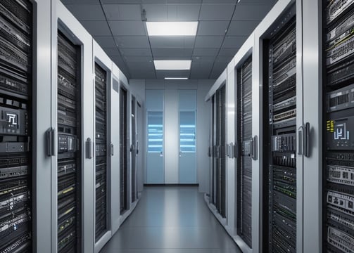 A network patch panel with numerous green fiber optic connectors arranged in a row. Bright yellow cables are plugged into each connector, extending outwards in an organized manner. The cables and connectors appear to be part of a structured cabling system in a data center or similar technical environment.
