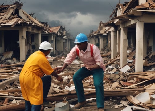 Two people are outdoors, potentially involved in a cleanup or meal distribution activity. They are surrounded by cups and bags on a surface. One person is wearing a red bandana and gloves. Trees and a clear sky form the background.