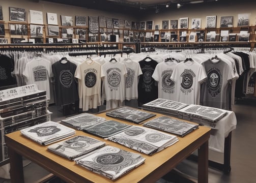 A neatly organized store shelf displaying various branded merchandise including coffee mugs, tumblers, bags of coffee beans, and cups. The products are arranged in a visually appealing manner with different collections and themes.