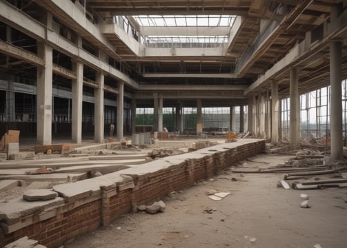 A two-story building is under construction, featuring a concrete structure with unfinished walls and open windows. Construction materials such as sand, bricks, and a stack of bags are visible in the front yard, along with some makeshift scaffolding. There is a blue barrel on the ground and some greenery on the right side of the image.