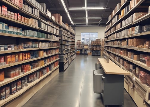 Interior space featuring shelves stocked with various products, likely skincare or cosmetics. The walls are light-colored and the floor is tiled. Large, ornate light fixtures hang from the ceiling. A sign on the wall reads 'The Gold Method'.