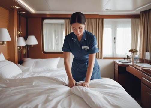 a woman putting a blue blanket on top of a bed