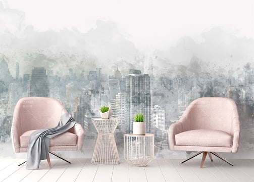 a living room with a cityscapeople wallpapered with a citysca