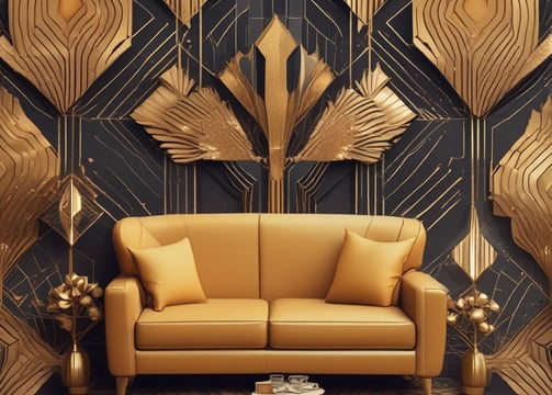 a couch with a gold leaf motif on the wall