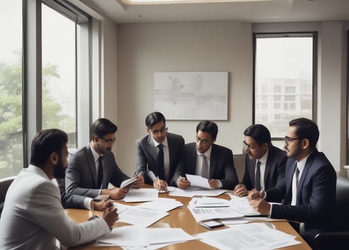 A group of four men in business attire are gathered around a table, examining documents laid out in front of them. They appear to be engaged in a discussion or meeting, with focused expressions and attentive body language.