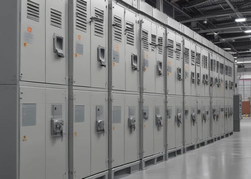 Two red electrical devices are mounted on a black corrugated metal wall, connected by a series of cables. The setup includes several black wires attached to the devices and a metal rack supporting the components.
