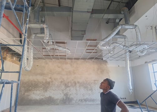 Start of installation of suspended ceiling grid work for commercial renovation project, Belair Shopping Centre, Randburg