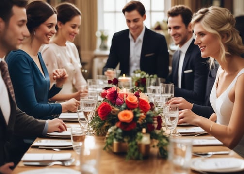 An elaborately decorated outdoor space set up for an event, possibly a wedding or celebration. The area is adorned with strings of lights, floral arrangements, and draped fabric. Red and gold carpets are laid over the grass, leading to a central spot with a backdrop for photos or seating. Warm lighting creates an inviting and festive atmosphere.