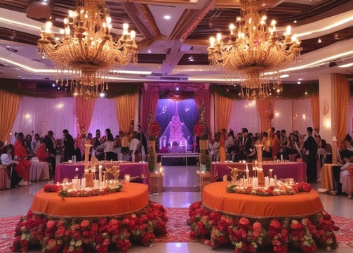 A nighttime outdoor event featuring a large pool surrounded by bright lights and elegantly arranged tables with black tablecloths. The ambiance is enhanced by string lights and decorative plants, creating a warm and inviting atmosphere. People are seated at the tables, suggesting a gathering or celebration.