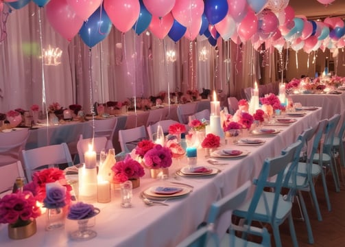 A nighttime outdoor event featuring a large pool surrounded by bright lights and elegantly arranged tables with black tablecloths. The ambiance is enhanced by string lights and decorative plants, creating a warm and inviting atmosphere. People are seated at the tables, suggesting a gathering or celebration.
