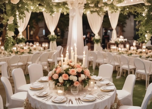 A beachside evening event is set up with tables and chairs under strings of warm lights. The gathering is well attended, with guests mingling and dining. Palm trees and buildings form the backdrop under a cloudy blue sky, with the scene beautifully reflected in a nearby water pool.