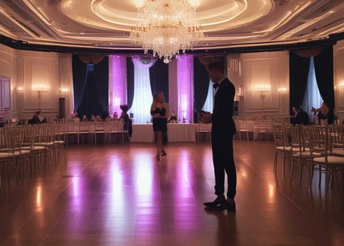 A nighttime outdoor event featuring a large pool surrounded by bright lights and elegantly arranged tables with black tablecloths. The ambiance is enhanced by string lights and decorative plants, creating a warm and inviting atmosphere. People are seated at the tables, suggesting a gathering or celebration.
