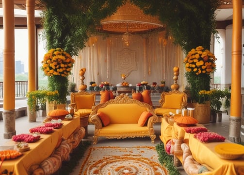 A beachside evening event is set up with tables and chairs under strings of warm lights. The gathering is well attended, with guests mingling and dining. Palm trees and buildings form the backdrop under a cloudy blue sky, with the scene beautifully reflected in a nearby water pool.