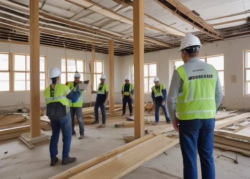 A construction site features a large wooden structure under development, supported by beams and scaffolding. The sky is clear and blue, with a street lamp and a few trees visible in the distance.