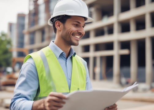 A black and white image of a building under construction featuring multiple levels of scaffolding and partially built balconies. The structure is predominantly concrete with visible metal framework for support.