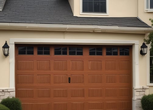 A row of symmetrical blue and white garage doors with a bold yellow column interrupting the pattern, set against a flat gray wall. The top half of the image features a clear blue sky, while a strip of green grass lies at the bottom.