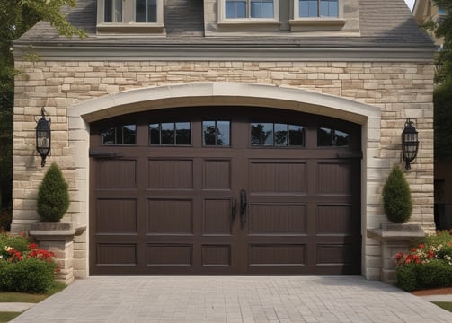 A vintage-style garage door with vertical wooden slats and ornate red and frosted glass panels in the upper section. The frame is painted in red, contrasting with the gray of the door itself. The surrounding wall has a textured, stucco-like finish.